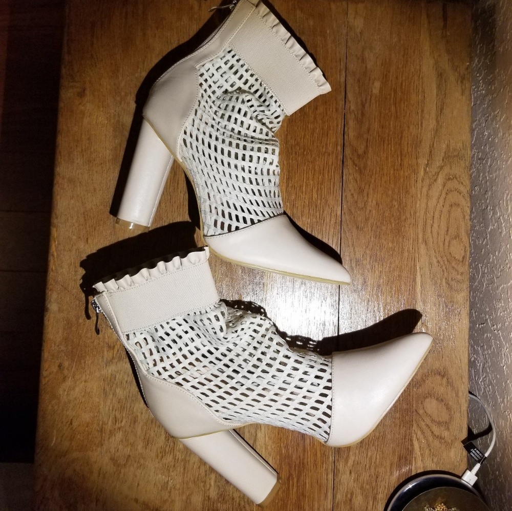 Tan mesh block heels